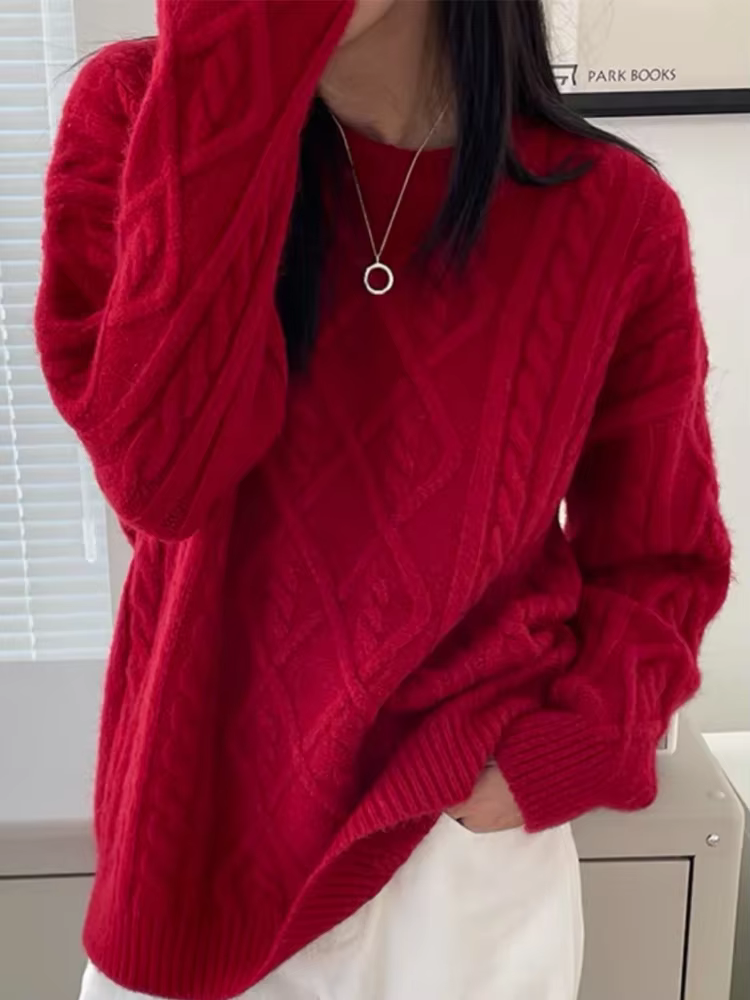 Pull femme hiver 2023 col rond fond torsion pull paresseux vent ample décontracté tricot pull à manc