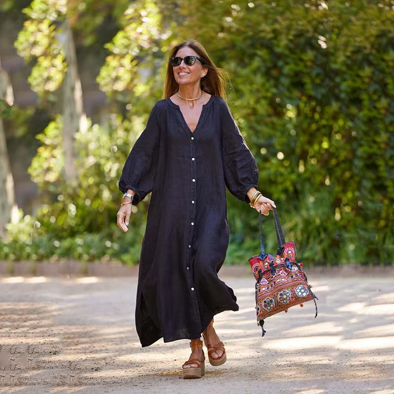 Robe Cardigan à manches longues pour femmes, couleur unie, coton et lin, simple boutonnage, coupe am