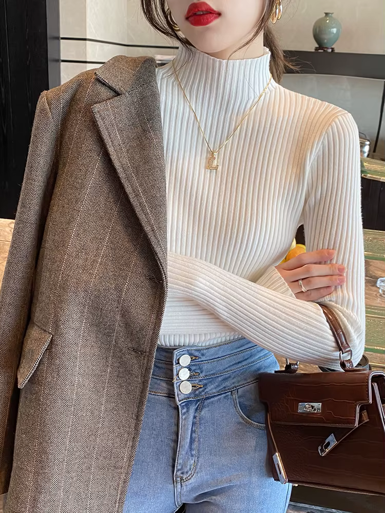 Élégant solide basique tricoté hauts femmes col roulé pull à manches longues décontracté mince pull 