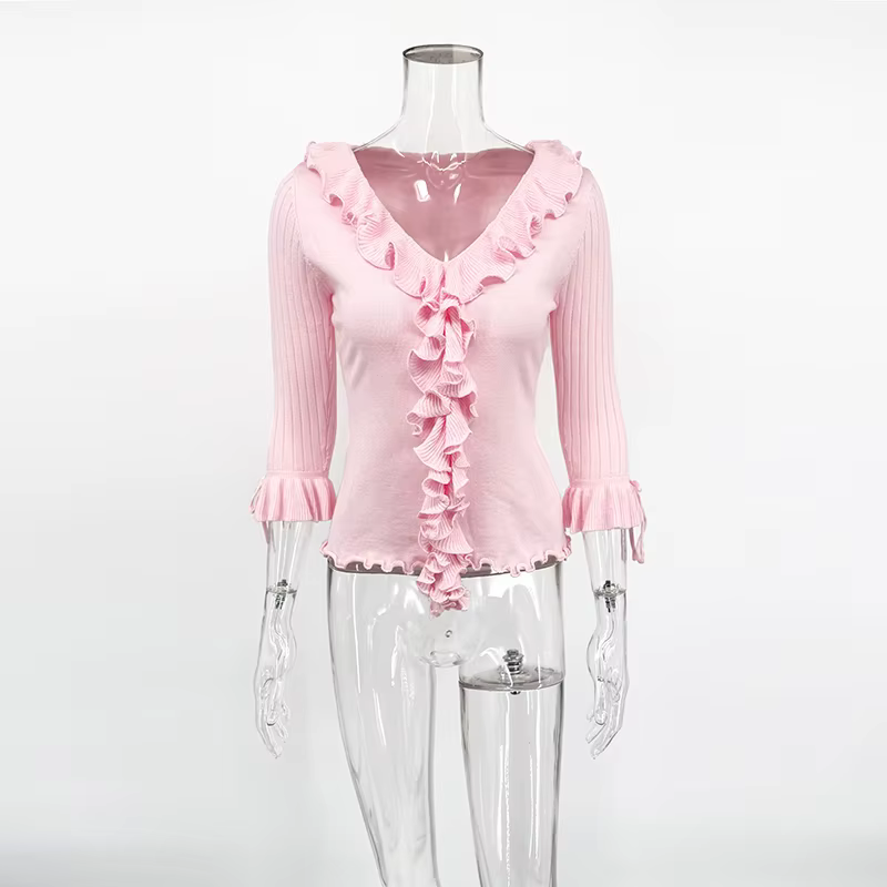 Pull fin d'été 2026 pour femme, col en V, à volants, style streetwear, coupe ajustée, haut de vacanc