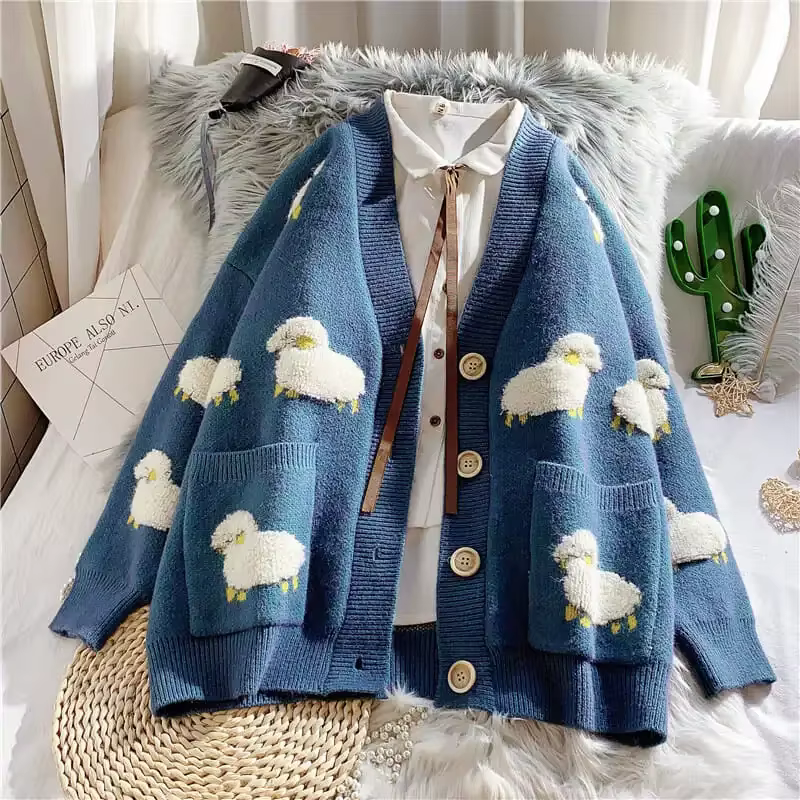 Bleu mouton dessin animé col en v à manches longues pull tricoté en vrac femmes Cardigan mode coréen