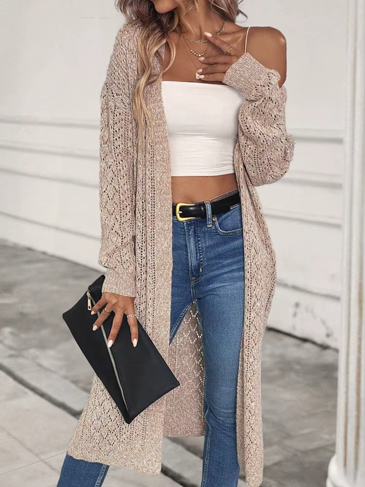 Cardigan long en tricot beige pour femme, ouvert sur le devant, ajouré, à manches longues, style Dus