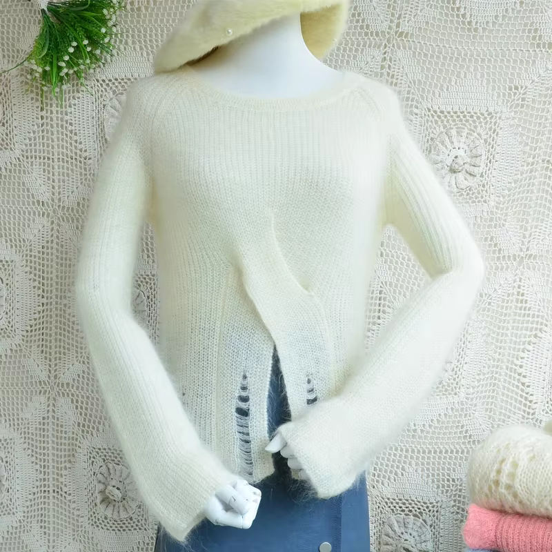 Dames femmes printemps automne poilu pelucheux mohair mode style court fendu col rond pull angora ch