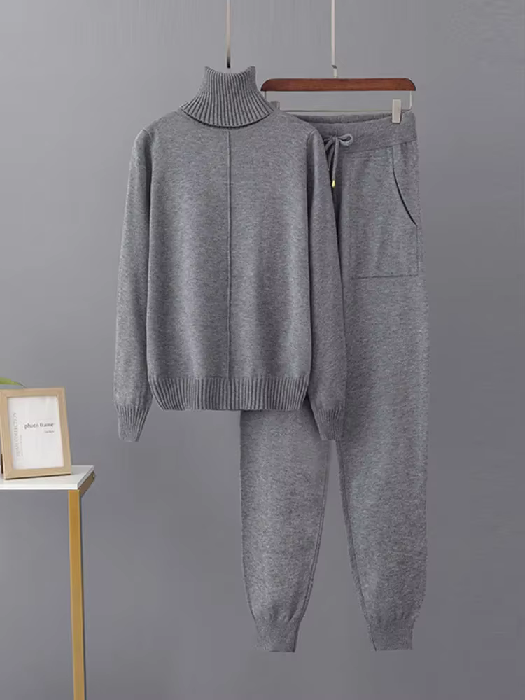 Femmes col roulé tricots pull hauts pullover Conjuntos taille haute décontractée sarouel tenue coule