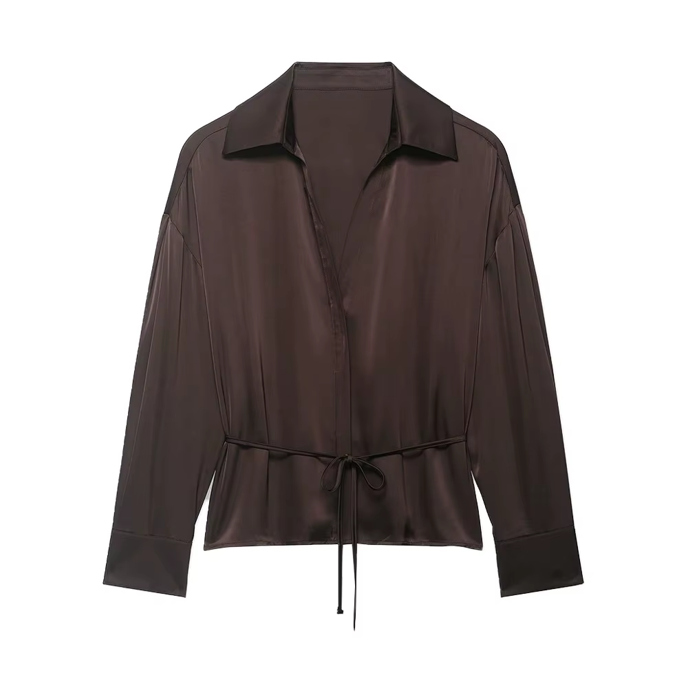 Chemisier en satin chic pour femme avec ceinture, manches longues, col à revers, chemise élégante, h