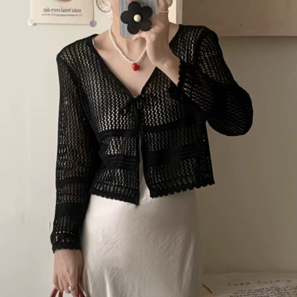 Cardigan en tricot à nouer devant pour femme, manches longues, léger, style chemisier en dentelle, p