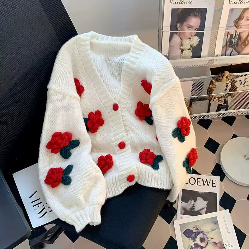Femmes Cardigan chandails automne surdimensionné gros 3d fleur ouvert devant tricot vestes à la mode