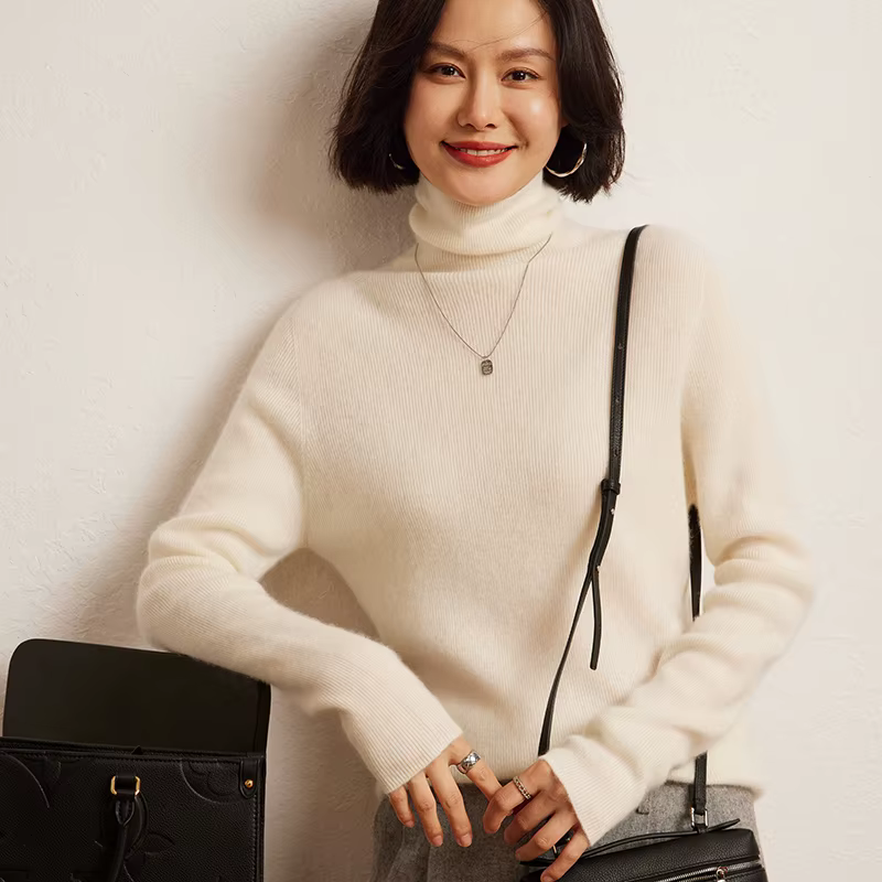 Pull en cachemire 100% pour femme, pull tricoté à col haut, couleur unie, coupe ajustée, cachemire d