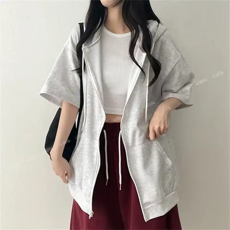 Sweat-shirt à capuche zippé à manches mi-longues pour femme, coupe ample, décontracté, surdimensionn