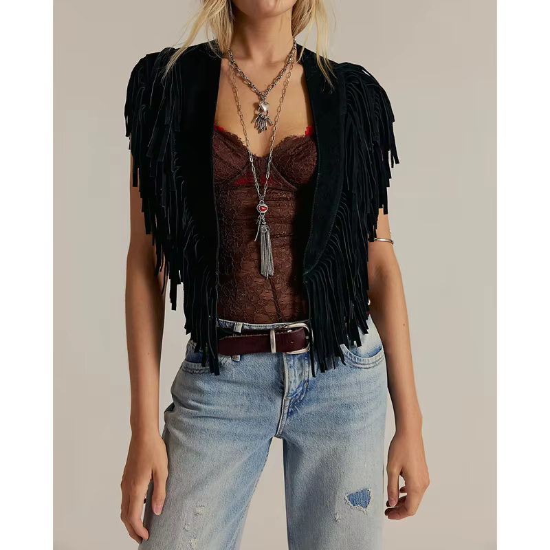 Gilet en daim vintage Y2K pour femme, style hippie années 70, sans manches, ouvert sur le devant, av