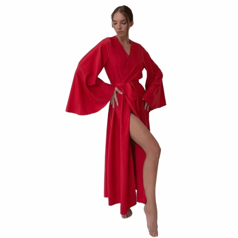 Robe en satin unie style sexy à manches longues, fendue, ceinturée, douce, taille haute et ample pou