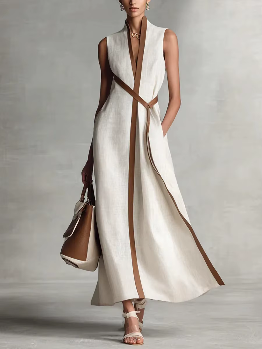 Robe en lin color block pour femme, col montant, sans manches, en coton, tenue longue printemps-été