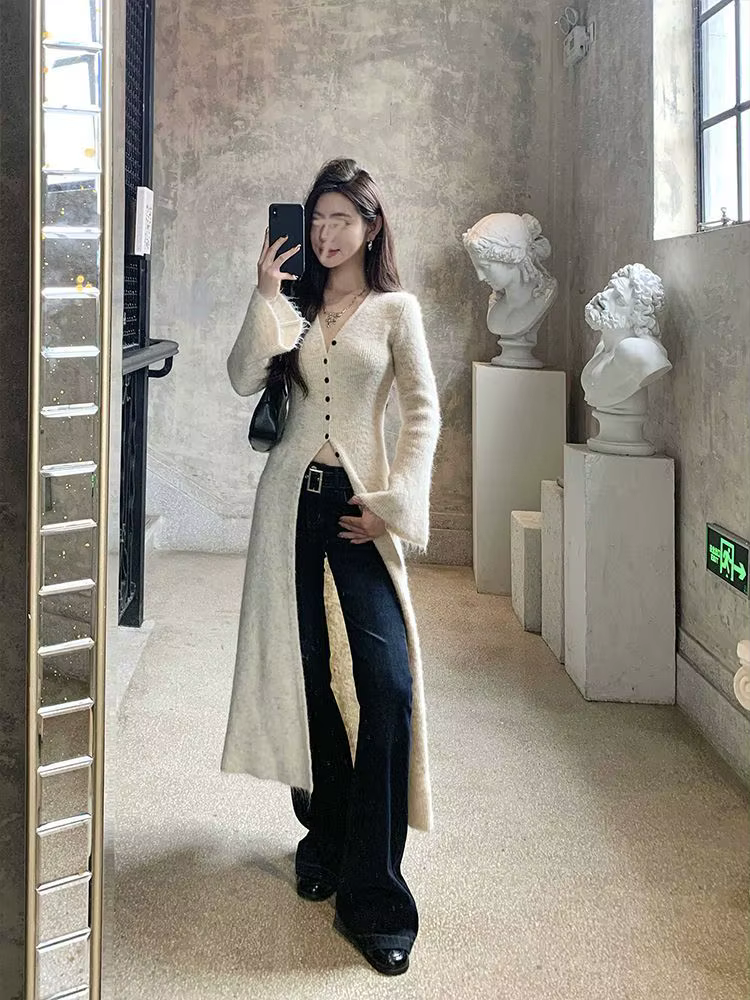 Cardigan en tricot à col en V pour femme, nouvelle collection automne-hiver, longueur mi-cuisse, cou