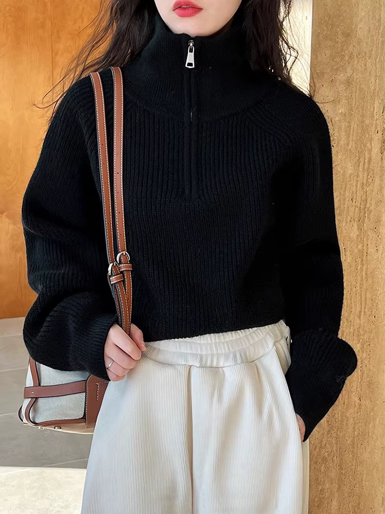 Pull-over Femme Automne Hiver 2026 Nouveau Modèle Court Ample avec Fermeture Éclair et Doublure, Hau