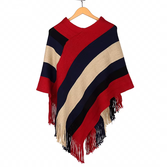 Pull Femme automne hiver femmes gland tricoté Pull Poncho Sexy rayé col en V ourlet irrégulier décon