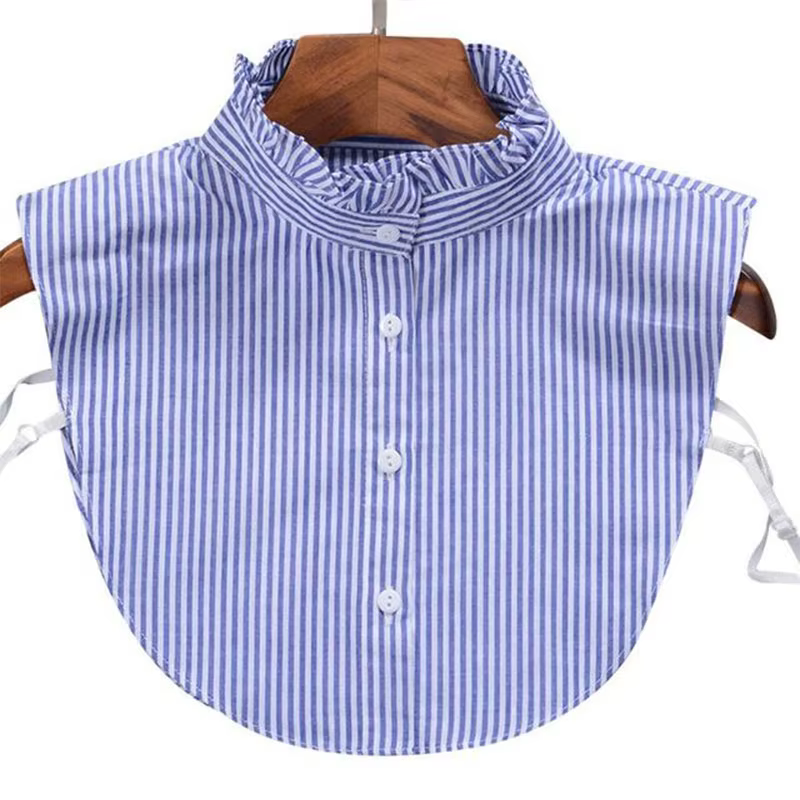 Col faux en jean vintage pour femme, détachable, à rayures, style demi-chemise, avec volants et reve