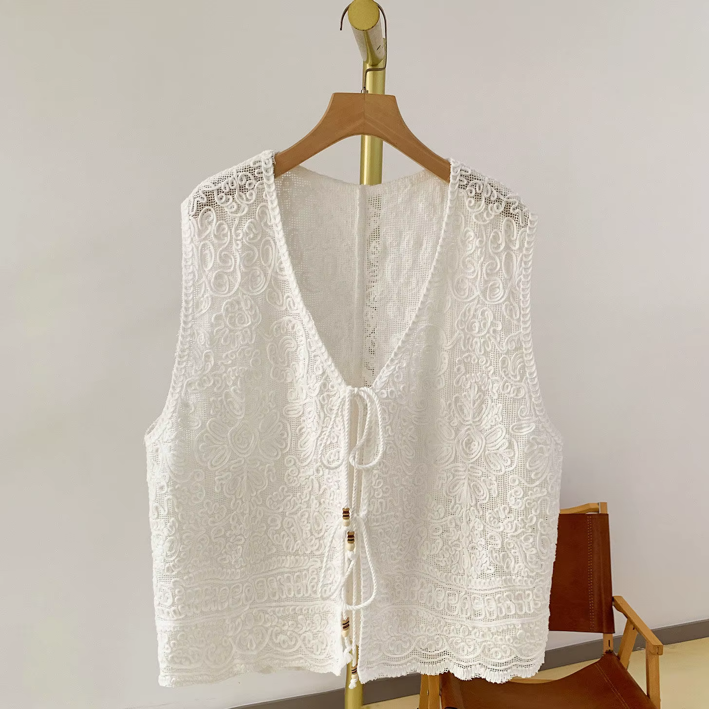 Gilet en crochet à nouer devant pour femme, sans manches, tricoté à points ouverts, veste décontract