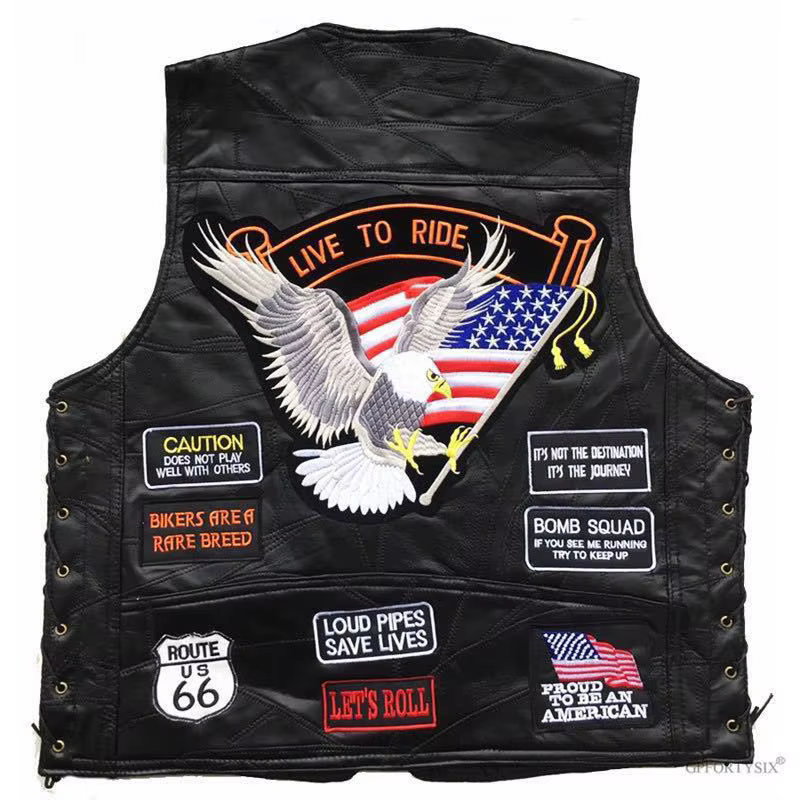 Gilet vintage style motard avec patchs drapeau, plusieurs patchs, style Harley, sans manches, pour m