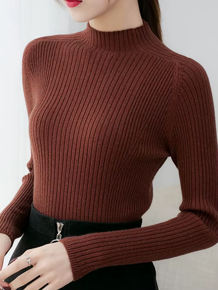 Femmes côtelé tricoté chandails 2026 automne hiver pull col montant à manches longues mince pull fem