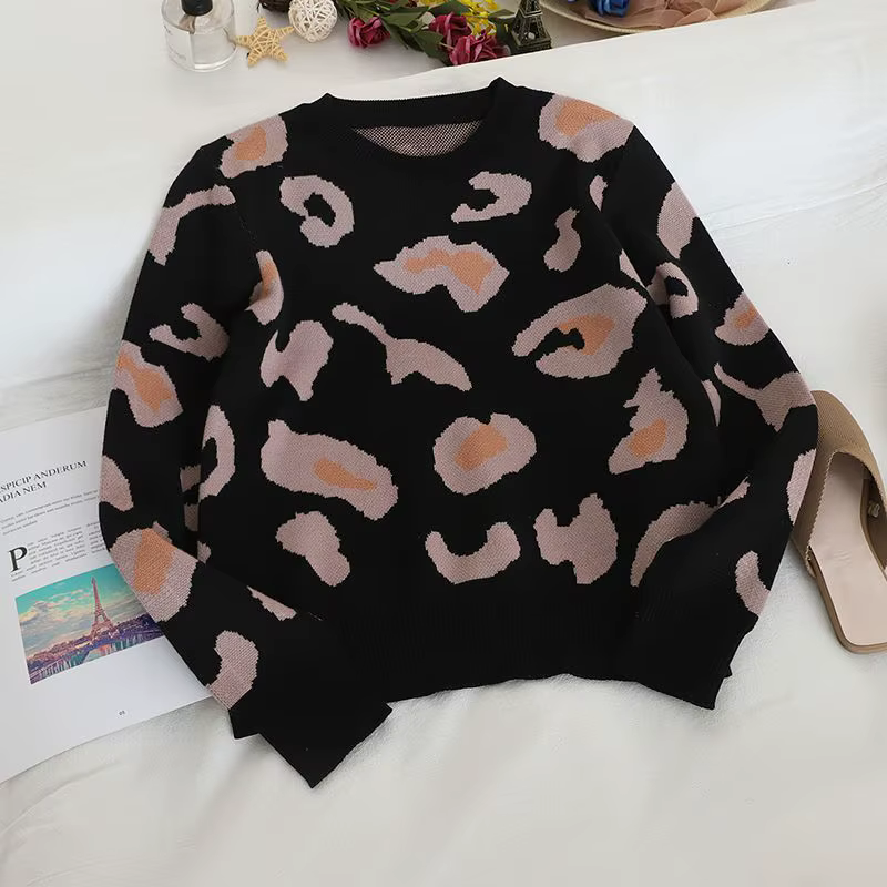 Léopard Vintage acrylique tricot col rond à manches longues pull femme pull femme chandails hauts fe
