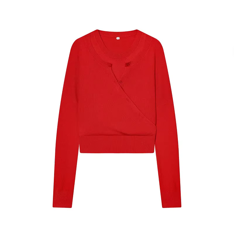 MUJER rouge Cardigan pulls femmes Double couche tricoté pull femmes hors épaule chandails courts pou