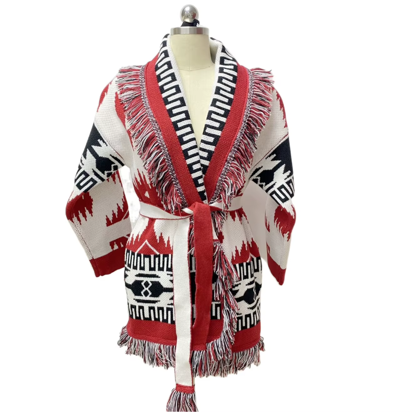 Cardigan en cachemire jacquard de haute qualité pour femmes Manteau long en cardigan ethnique bohème gypsy à franges et ceinture rouge pour l'hiver ```