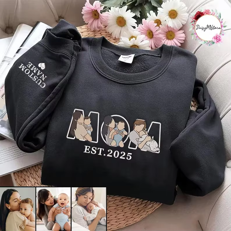 Sweat-shirt de maman brodé avec photo, portrait de maman et de enfants brodés personnalisés, chemise brodée pour la fête des mères de la maman