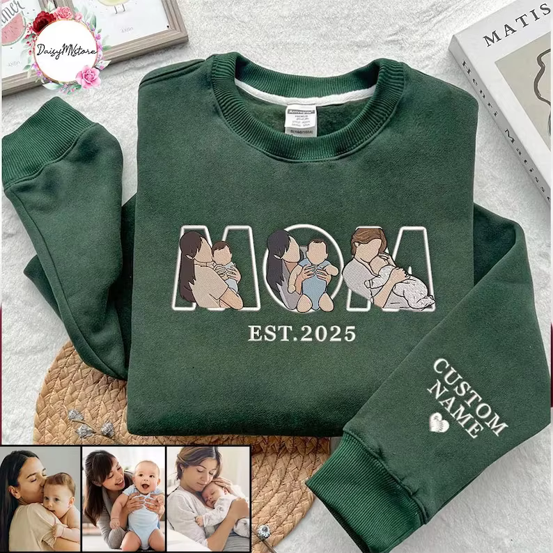 Sweat-shirt de maman brodé avec photo, portrait de maman et de enfants brodés personnalisés, chemise brodée pour la fête des mères de la maman