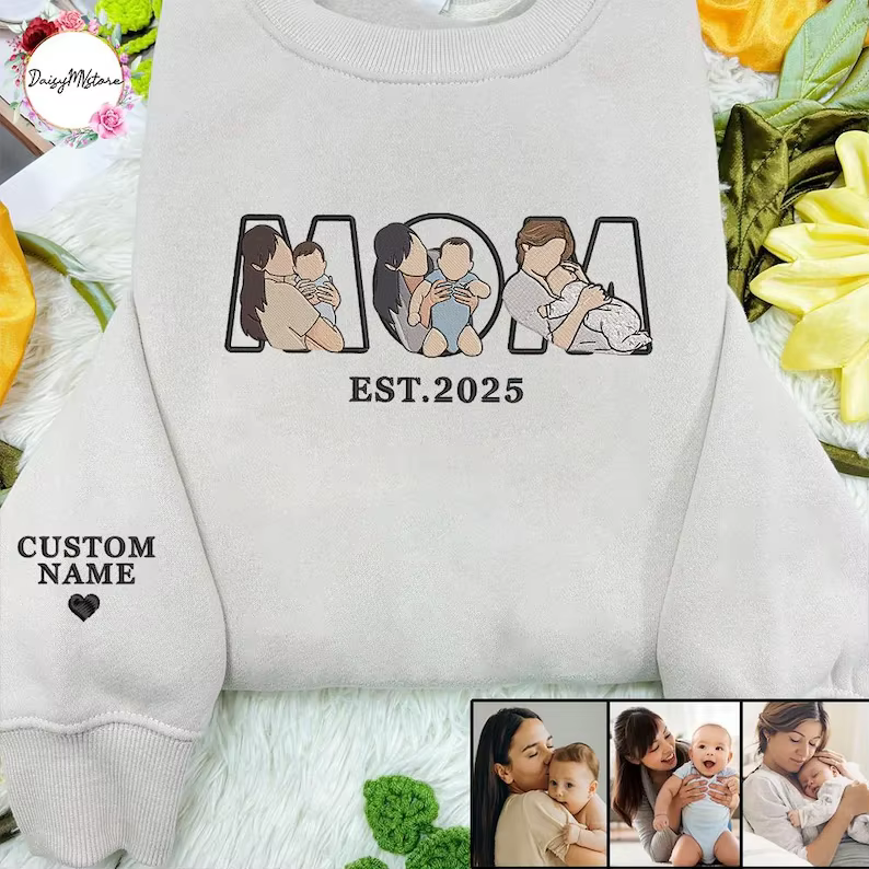 Sweat-shirt de maman brodé avec photo, portrait de maman et de enfants brodés personnalisés, chemise brodée pour la fête des mères de la maman