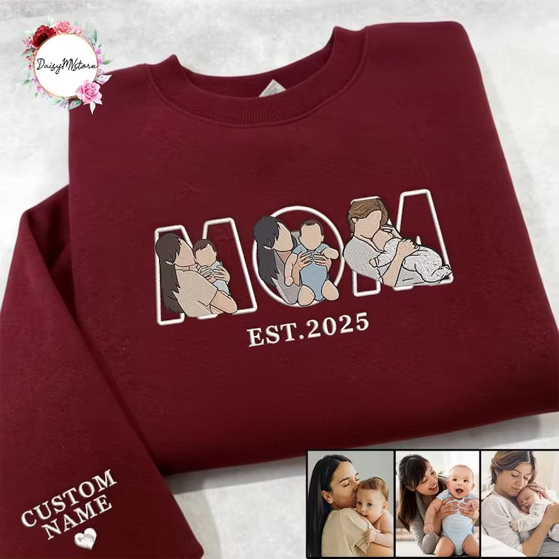 Sweat-shirt de maman brodé avec photo, portrait de maman et de enfants brodés personnalisés, chemise brodée pour la fête des mères de la maman