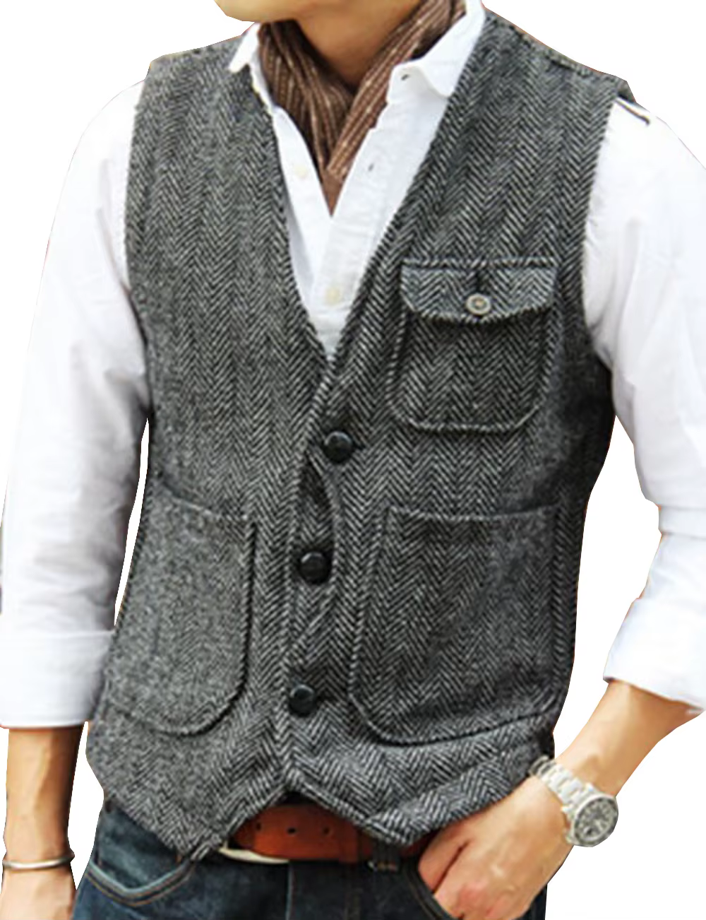 Gilet d'outillage décontracté formel en Tweed à chevrons marron col en V