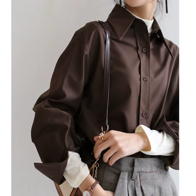 QOERLIN café Blouse femmes printemps automne décontracté couleur unie à manches longues chemise femmes coréen chemise ample OL Style vêtements de travail S-XL