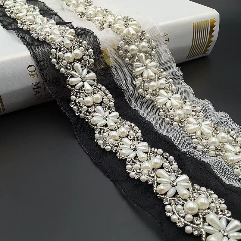 Garniture en dentelle perlée blanche/noire, 1Yard 5.5cm, ceinture de mariée, garniture de bijoux