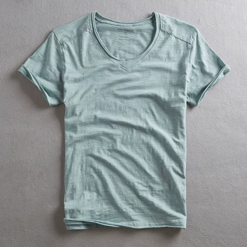 Vintage flou coton hommes col en v t-shirt mode d'été mince décontracté couleur unie col effiloché et bords bruts T-shirts hauts T-shirts