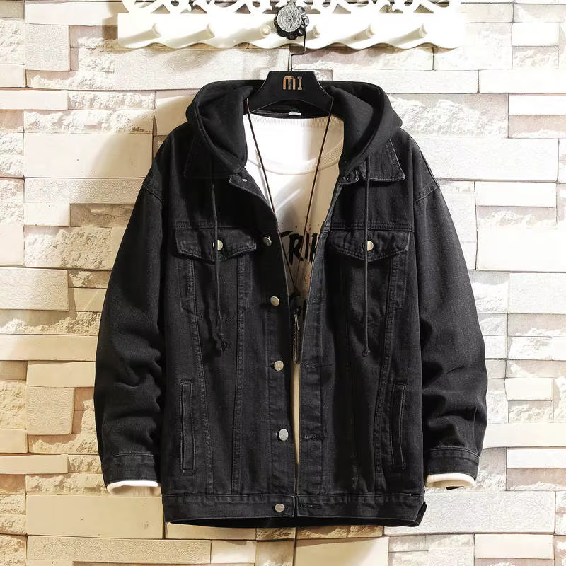 Veste en Jean hommes à capuche décontracté hommes Jean vestes Streetwear couleur unie col rabattu Denim manteaux hommes vestes chapeau détachable