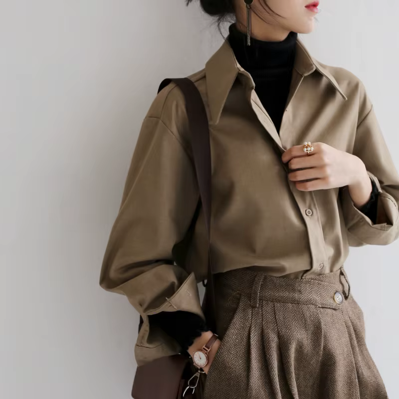 QOERLIN café Blouse femmes printemps automne décontracté couleur unie à manches longues chemise femmes coréen chemise ample OL Style vêtements de travail S-XL