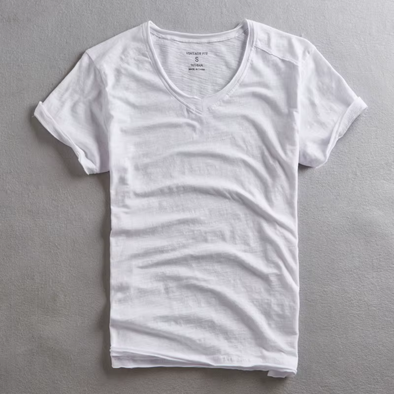 Vintage flou coton hommes col en v t-shirt mode d'été mince décontracté couleur unie col effiloché et bords bruts T-shirts hauts T-shirts