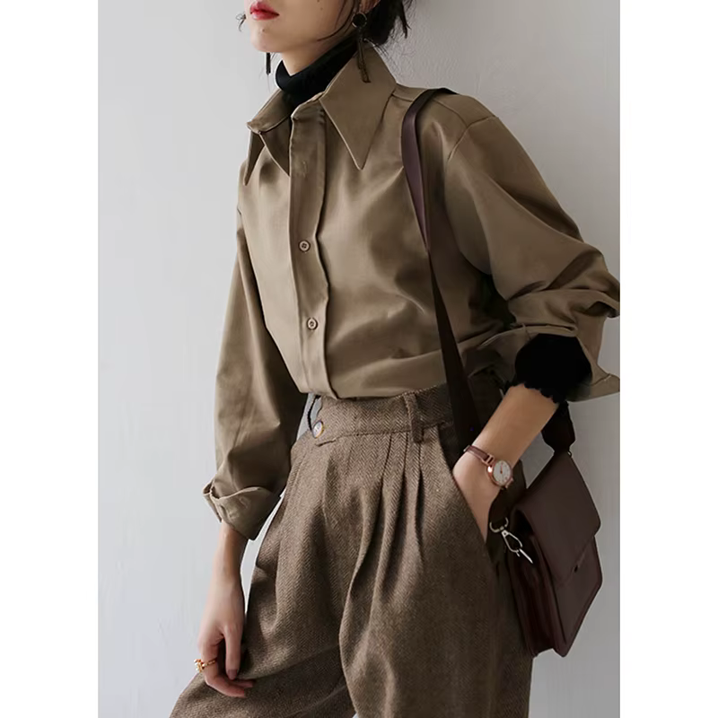QOERLIN café Blouse femmes printemps automne décontracté couleur unie à manches longues chemise femmes coréen chemise ample OL Style vêtements de travail S-XL