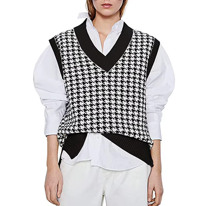 FibrGeometric-Pull pied-de-poule GlaWomen, Pull à col en V, Pull décontracté, Pullover doux, Tricots coréens, Automne et hiver 2025