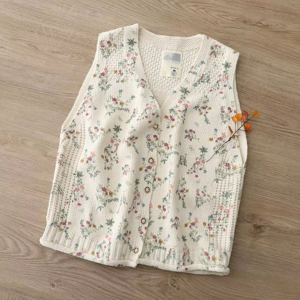 Pull à col en V imprimé frais de style pastChevrétro