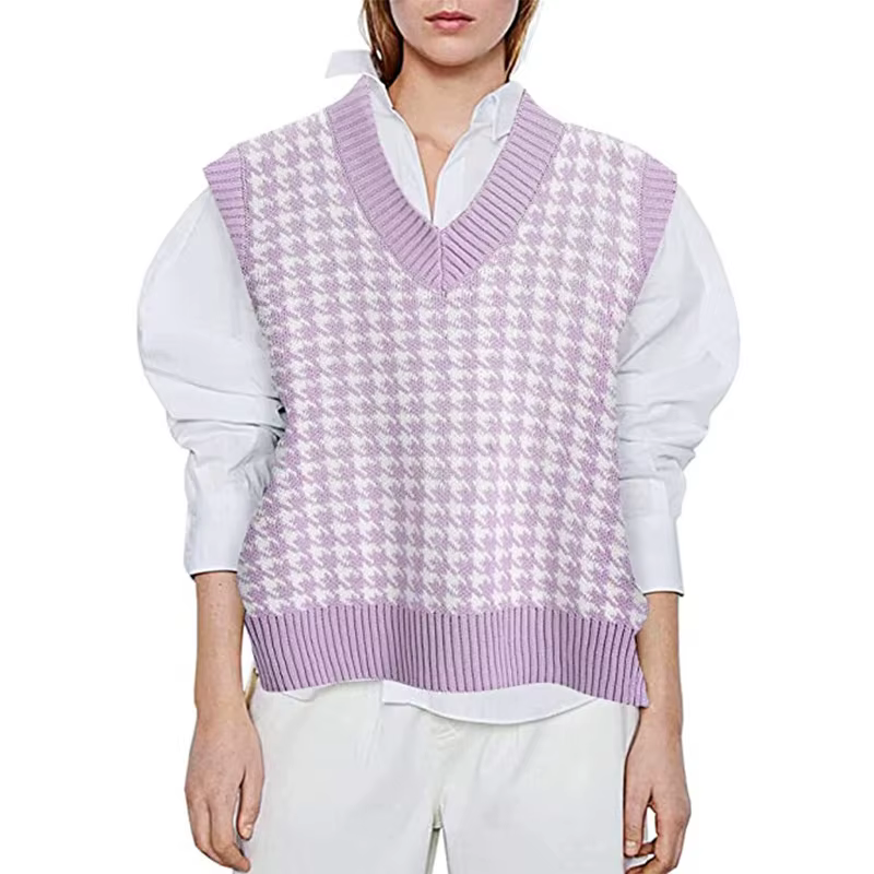 FibrGeometric-Pull pied-de-poule GlaWomen, Pull à col en V, Pull décontracté, Pullover doux, Tricots coréens, Automne et hiver 2025