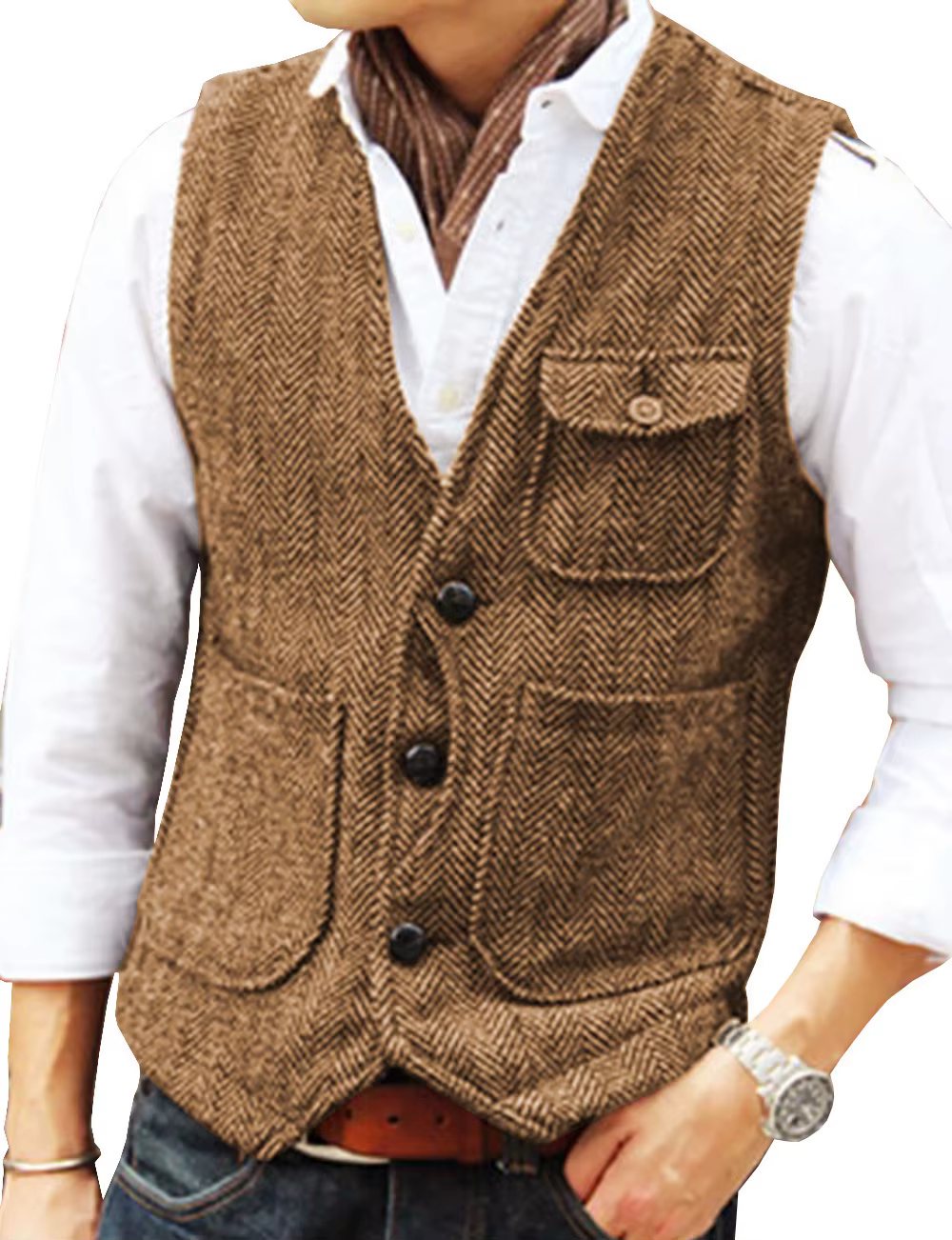 Gilet d'outillage décontracté formel en Tweed à chevrons marron col en V