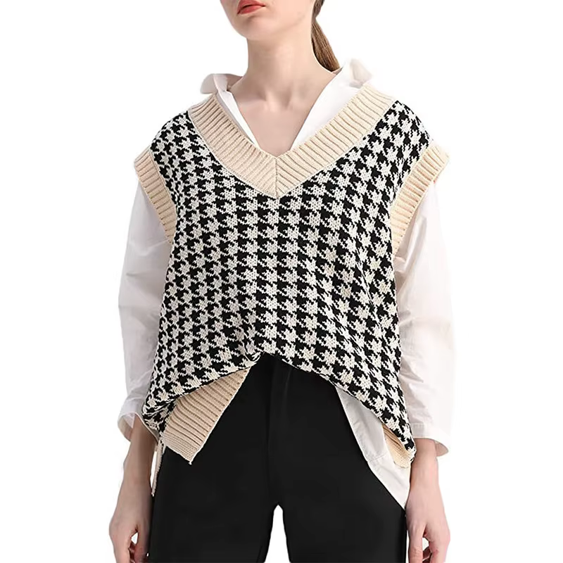 FibrGeometric-Pull pied-de-poule GlaWomen, Pull à col en V, Pull décontracté, Pullover doux, Tricots coréens, Automne et hiver 2025