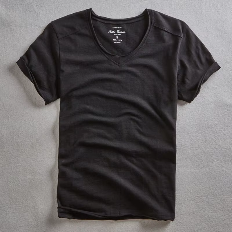 Vintage flou coton hommes col en v t-shirt mode d'été mince décontracté couleur unie col effiloché et bords bruts T-shirts hauts T-shirts