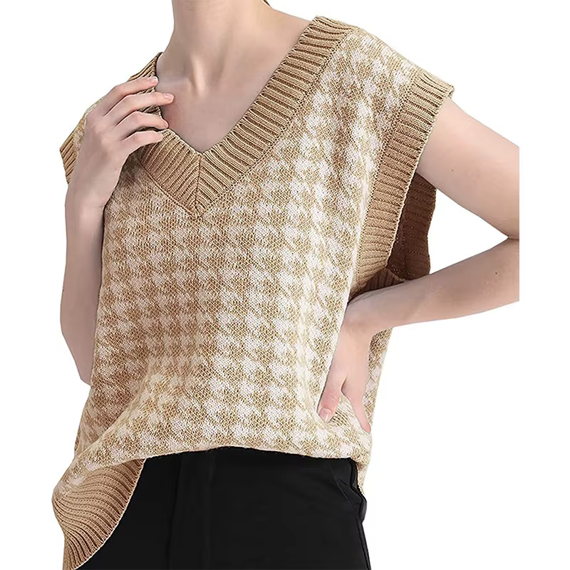 FibrGeometric-Pull pied-de-poule GlaWomen, Pull à col en V, Pull décontracté, Pullover doux, Tricots coréens, Automne et hiver 2025