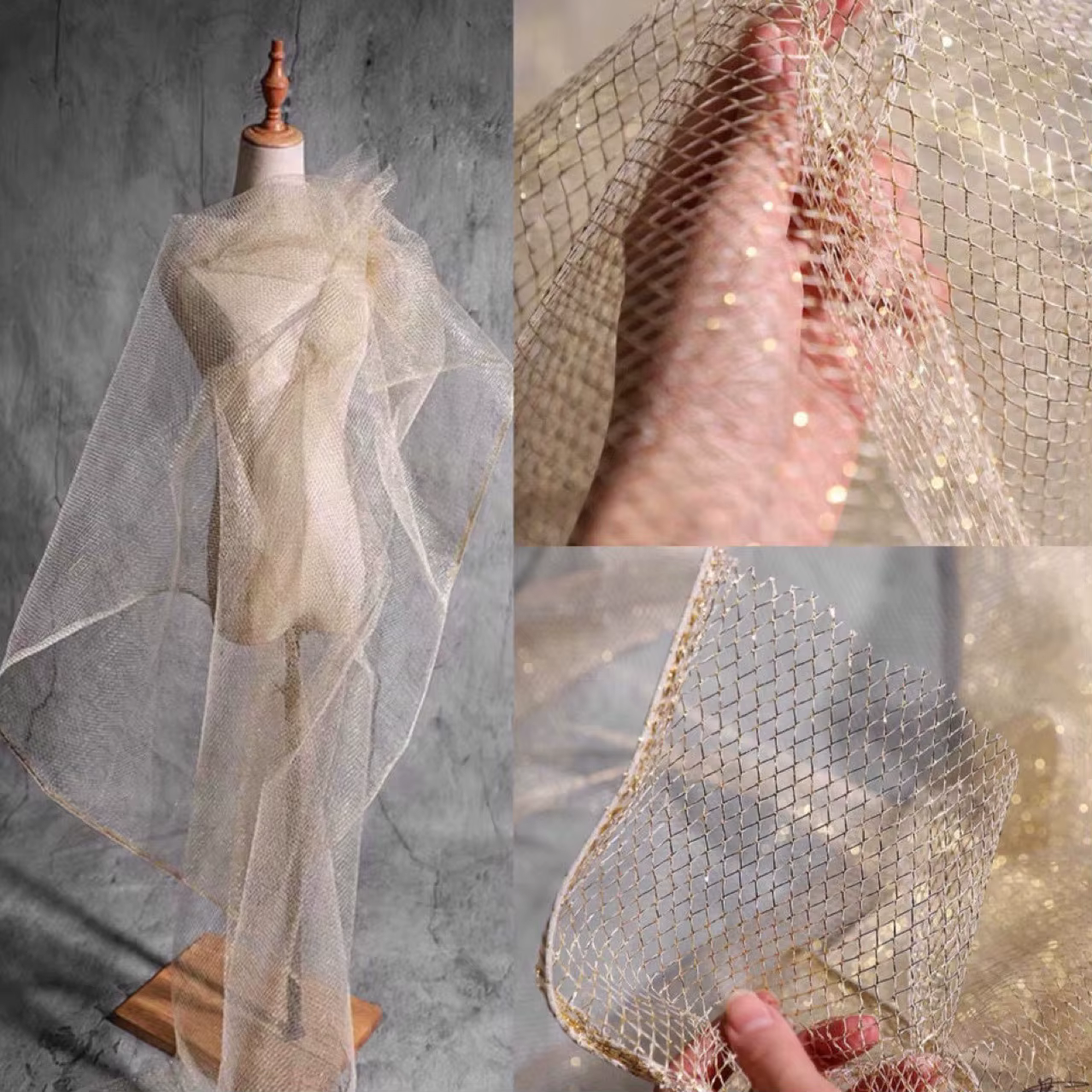 Demi-cour Tulle dur maille tissu Transparent Plaid filet tissu or argent vêtements maille tissu bricolage couture