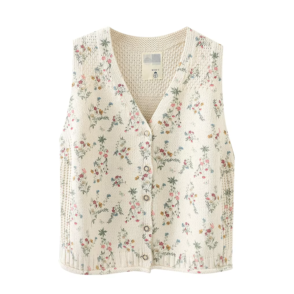 Pull à col en V imprimé frais de style pastChevrétro