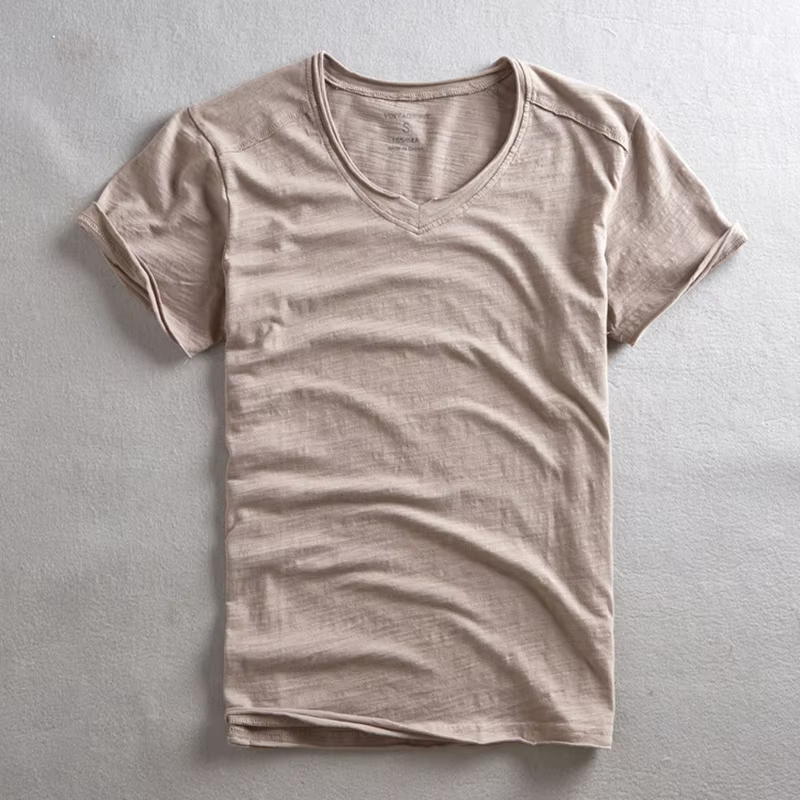 Vintage flou coton hommes col en v t-shirt mode d'été mince décontracté couleur unie col effiloché et bords bruts T-shirts hauts T-shirts