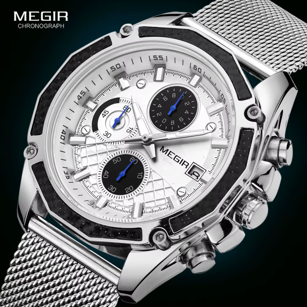 MEGIR – montre de luxe à Quartz pour hommes, chronographe, étanche, bracelet en maille, Sport militaire décontracté, 2020