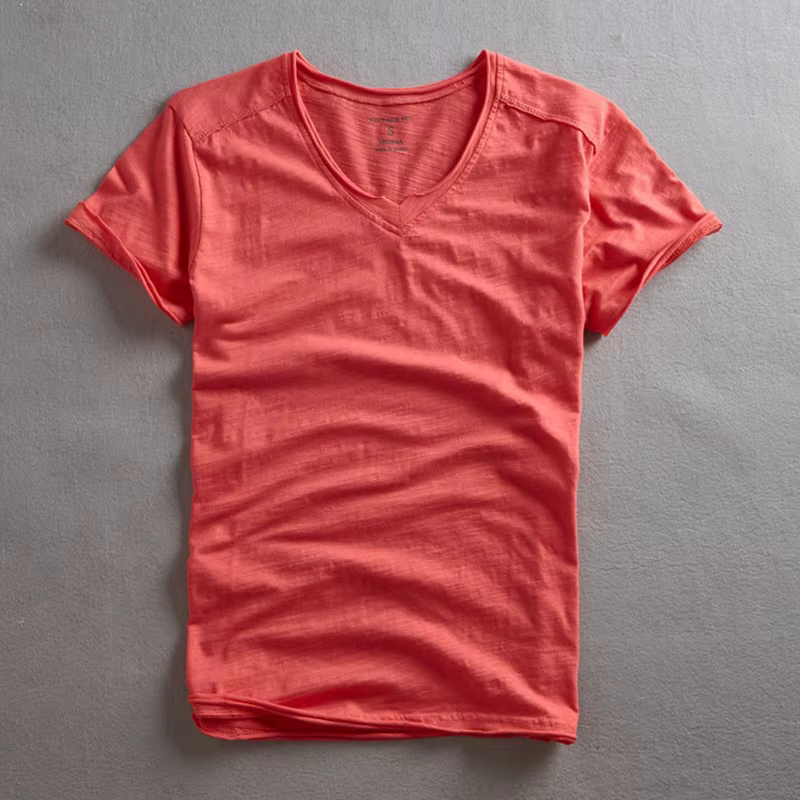 Vintage flou coton hommes col en v t-shirt mode d'été mince décontracté couleur unie col effiloché et bords bruts T-shirts hauts T-shirts